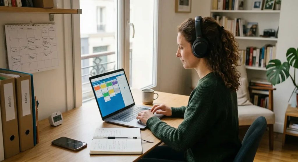auto-entrepreneuse consultant ses factures fournisseurs dans un logiciel de gestion sur ordinateur