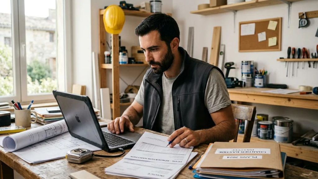 artisan consultant ses factures fournisseurs sur ordinateur dans son atelier ou bureau
